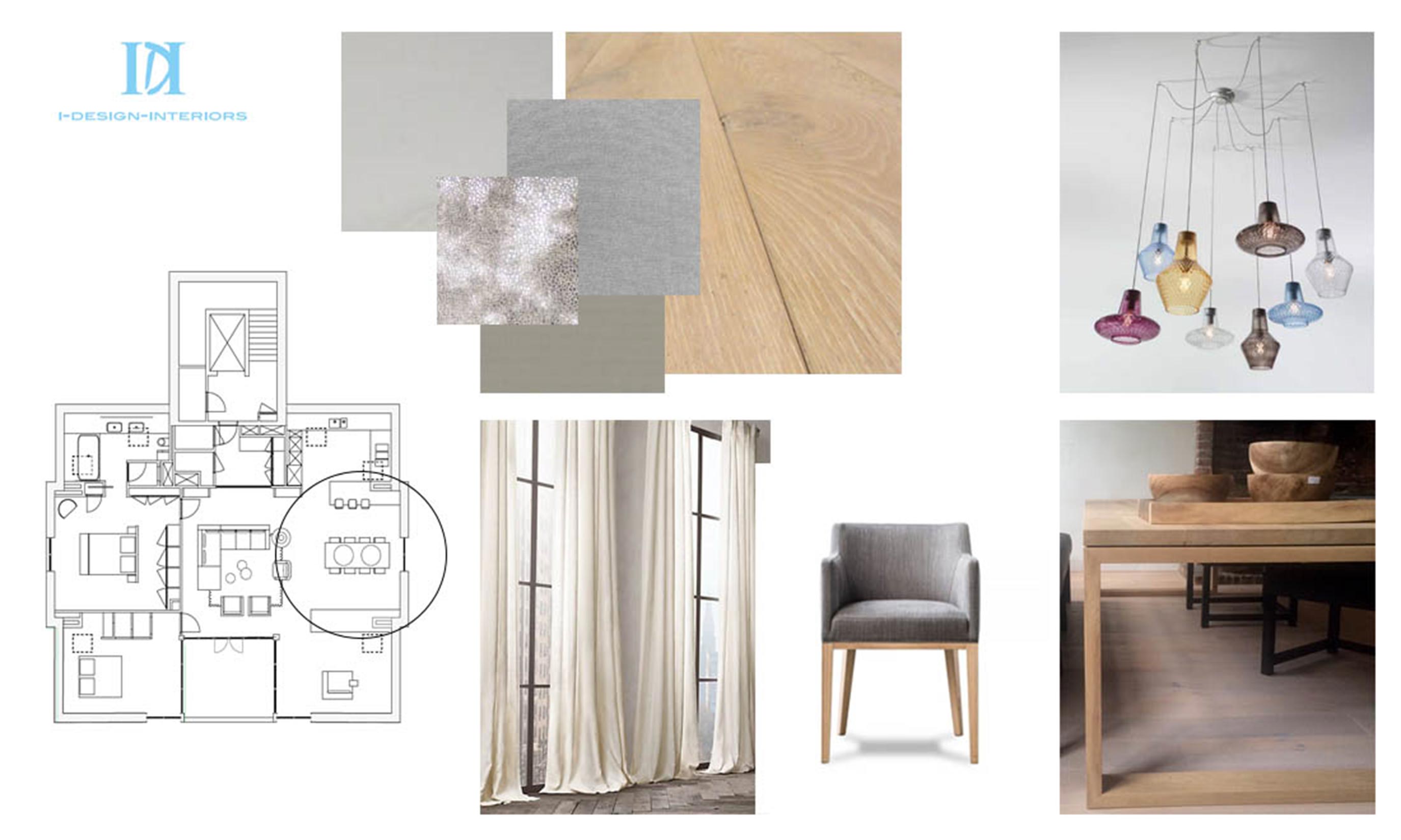 Moodboard met plattegrond tekening, sfeer beelden kleur en materiaal voorstel.